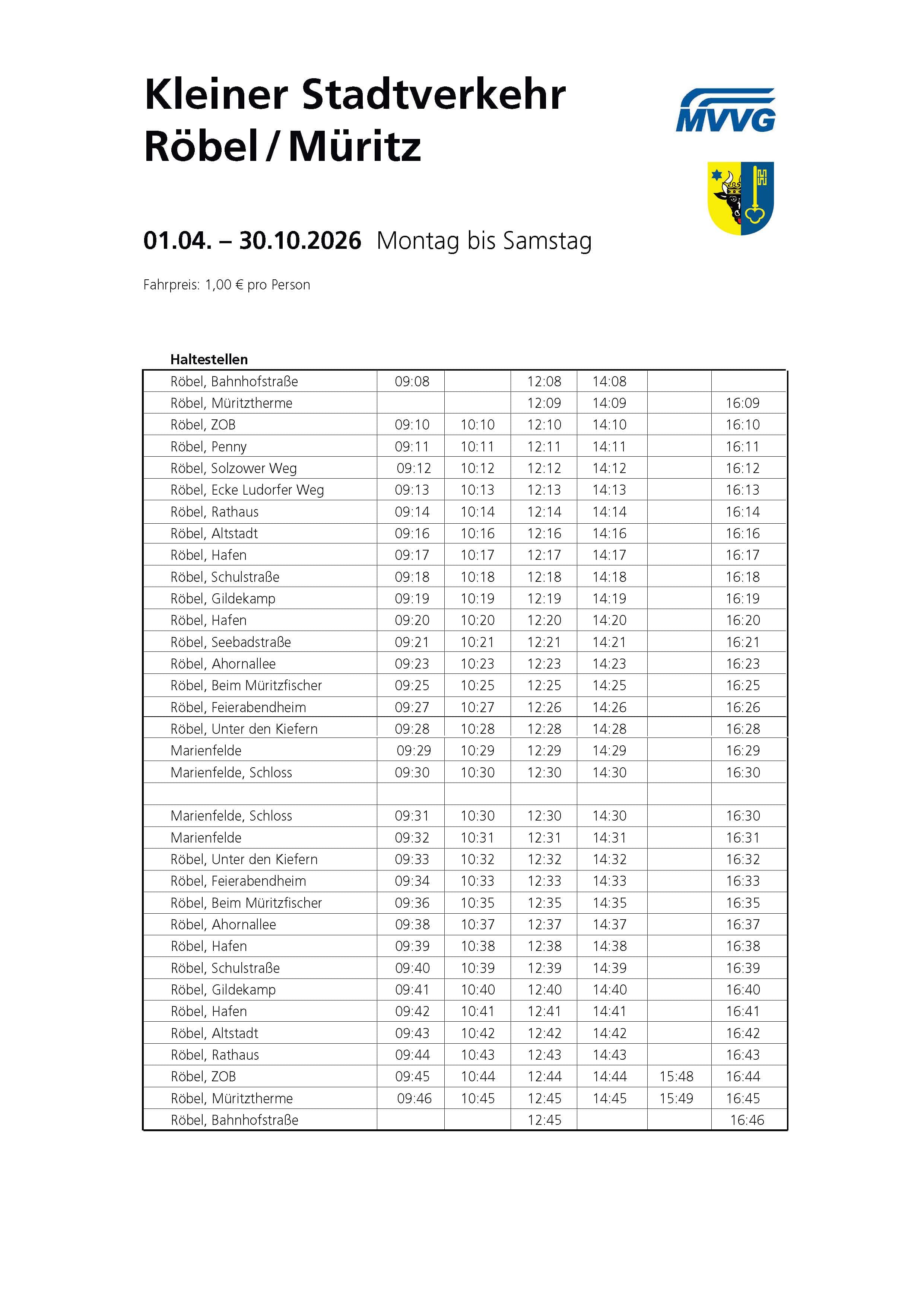 Kleiner Stadtverkehr Röbel/Müritz - Sommerfahrplan 2026